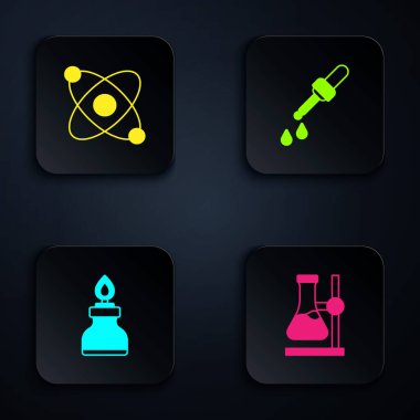 Test tüpünü kürsüye, Atom 'a, Alkole ya da ruh yakıcıya ve Pipette' e ayarlayın. Siyah kare düğme. Vektör