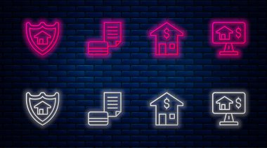 Kredi kartı, dolarlı ev, kalkan ve online gayrimenkul. Tuğla duvarda parlayan neon simgesi. Vektör