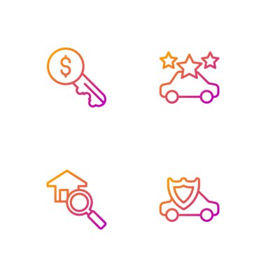 Rozetli araç, arama evi, kira anahtarı ve paylaşım. Renk simgeleri. Vektör