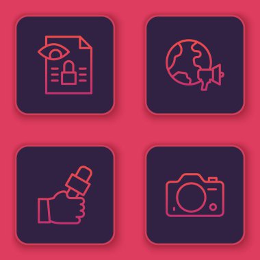 Gazeteci soruşturması, haber, dünya ve fotoğraf makinesi. Mavi kare düğme. Vektör