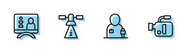 Set hattı gazetecileri, televizyon haberleri, uydu ve sinema kamera ikonu. Vektör