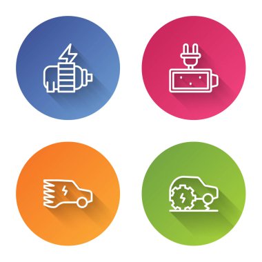 Elektrik motoru, akü şarjı, araba ve servis ayarlayın. Renkli daire düğmesi. Vektör