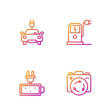 Bataryayı geri dönüşüm sembolü, şarj aleti, elektrikli araba ve şarj istasyonu ile ayarla. Renk simgeleri. Vektör