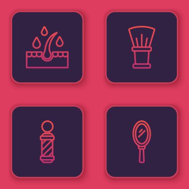 Saç bakımı için yağ, klasik berber dükkanı direği, tıraş fırçası ve el aynası. Mavi kare düğme. Vektör