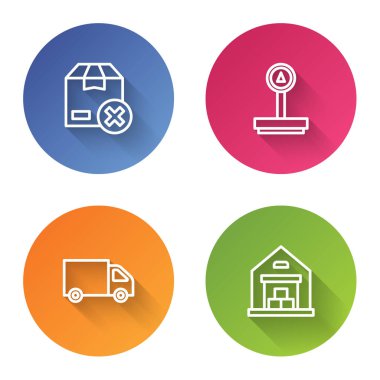 Karton karton kutu, terazi, kargo kamyonu ve depo. Renkli daire düğmesi. Vektör