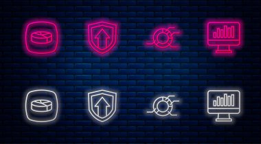 Finansal büyüme, pasta grafiği bilgileri ve Monitör ile ayarla. Tuğla duvarda parlayan neon simgesi. Vektör