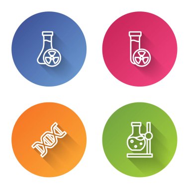 Test tüpünü zehirli sıvı, DNA sembolü ve matarayla hazırla. Renkli daire düğmesi. Vektör