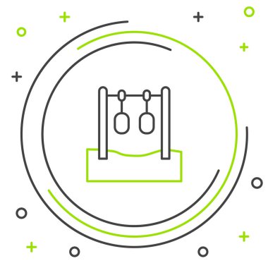 Beyaz arka planda izole edilmiş çizgi jimnastik halkaları ikonu. Yüzüklü ip asılı oyun alanı ekipmanları. Renkli taslak konsepti. Vektör