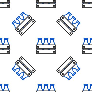 Line Bottled milk packed in wooden box icon isolated seamless pattern on white background. Colorful outline concept. Vector
