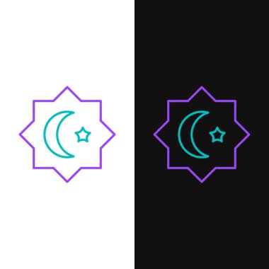 Beyaz ve siyah arkaplanda izole edilmiş çizgi İslami sekizgen yıldız süsleme simgesi. Renkli taslak konsepti. Vektör