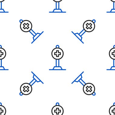 Çizgi Medikal Harita İşaretleyicisi, çapraz hastane simgesiyle beyaz arka planda izole edilmiş kusursuz desen. Renkli taslak konsepti. Vektör
