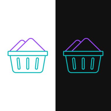 Beyaz ve siyah arkaplanda sabun köpüğü simgesi olan çizgi plastik leğen. Sulu kase. Çamaşır yıkama, temizlik malzemeleri. Renkli taslak konsepti. Vektör