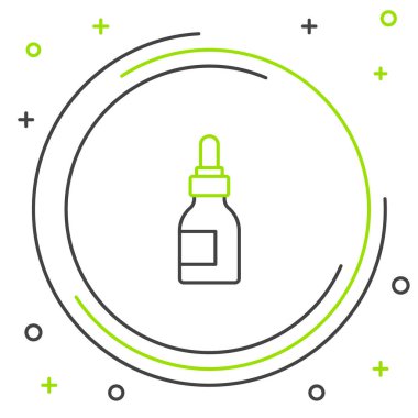 Beyaz arka planda çizgi sakalı ve bıyıklı yağ şişesi simgesi var. Pipetli cam şişe. Renkli taslak konsepti. Vektör