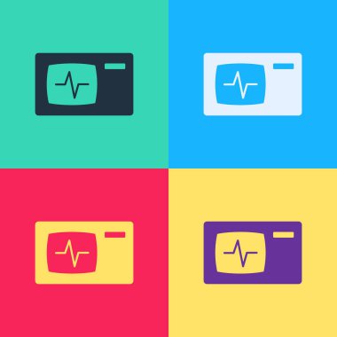 Renk arkaplanında kardiyogram simgesi olan pop sanat monitörü. Simge denetleniyor. Kalp atışı elle çizilmiş EKG monitörü. Vektör