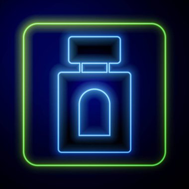 Parlayan neon losyon ikonu mavi arka planda izole edildi. Parfüm spreyi ikonu. Erkek parfüm şişesi. Vektör