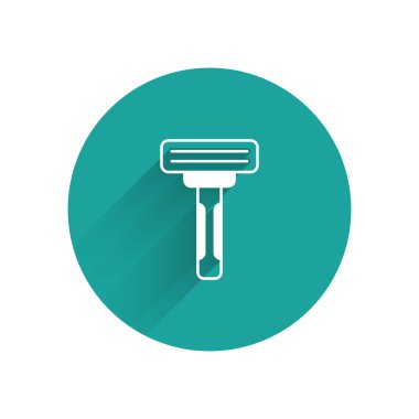 White Shaving razor icon isolated with long shadow background. Green circle button. Vector