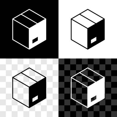 Karton kutu simgesini siyah beyaz, şeffaf arkaplanda izole et. Kutu, paket, paket işareti. Teslimat ve ambalaj. Vektör