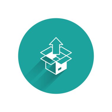 Beyaz Unbox simgesi uzun gölge arkaplanı ile izole edildi. Yeşil daire düğmesi. Vektör