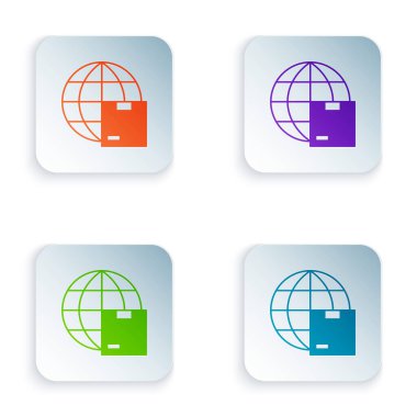 Color Worldwide shipping and cardboard box icon isolated on white background. Set colorful icons in square buttons. Vector