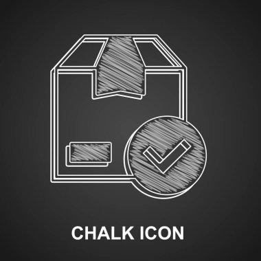 Chalk Package box with check mark icon isolated on black background. Parcel box with checkmark. Approved delivery or successful package receipt. Vector