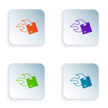 Beyaz arkaplanda izole edilmiş renkli karton kutu simgesi. Kutu, paket, paket işareti. Teslimat ve ambalaj. Kare düğmelere renkli simgeleri yerleştir. Vektör