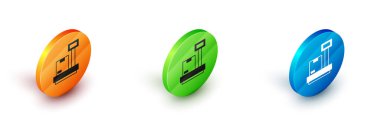 Isometric Scale with cardboard box icon isolated on white background. Logistic and delivery. Weight of delivery package on a scale. Circle button. Vector