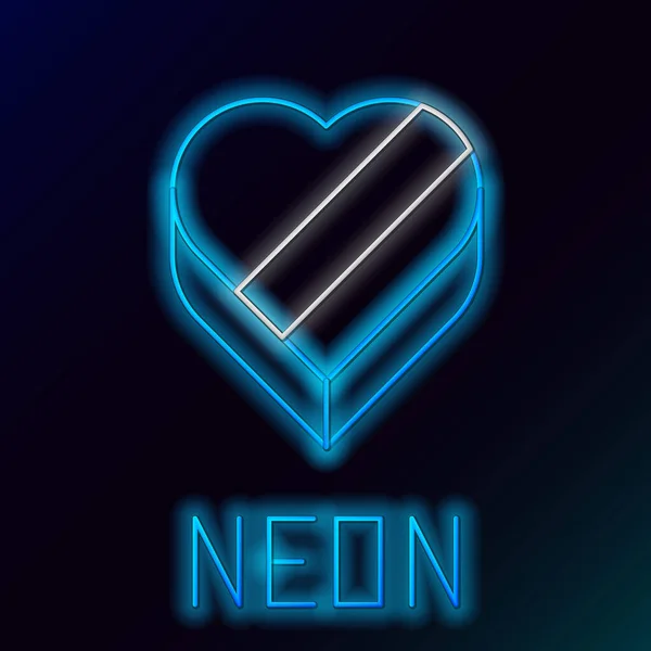 Glödande neon linje godis i hjärtformad låda och pilbåge ikon isolerad på svart bakgrund. Alla hjärtans dag. Färgstarkt skisskoncept. Vektor — Stock vektor