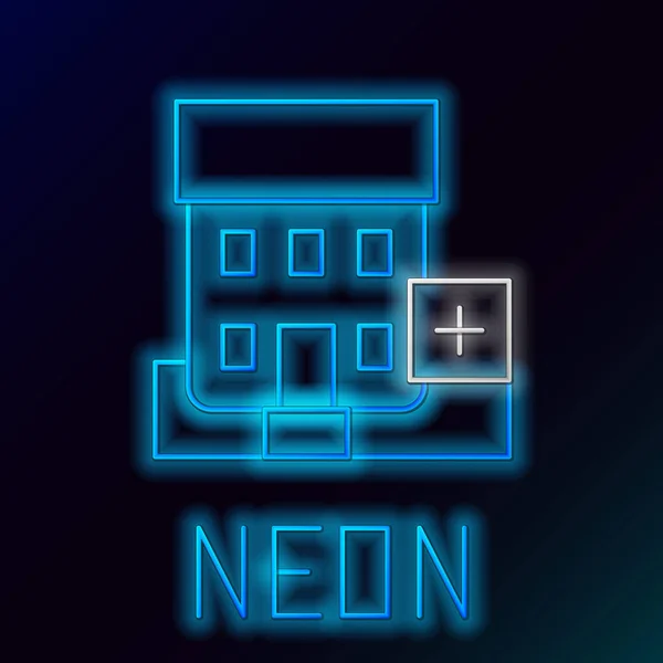 Gloeiende neon lijn Medisch ziekenhuis gebouw met kruis pictogram geïsoleerd op zwarte achtergrond. Medisch centrum. Gezondheidszorg. Kleurrijk concept. Vector — Stockvector