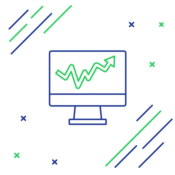 Ligne Moniteur d'ordinateur avec icône graphique isolé sur fond blanc. Signaler l'icône du fichier texte. Panneau comptable. Audit, analyse, planification. Concept de contour coloré. Vecteur — Image vectorielle