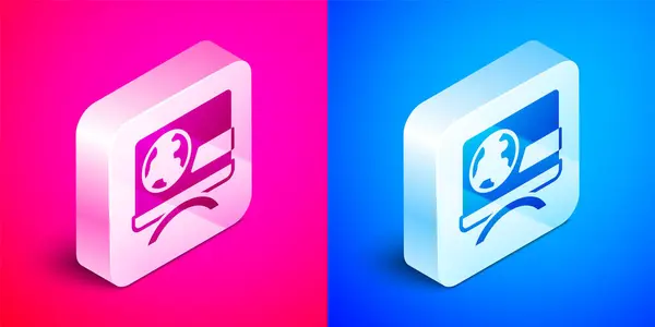 Isometric Breaking news icon isolated on pink and blue background. News on television. News anchor broadcasting. Mass media. Evening news. Silver square button. Vector — Stock Vector