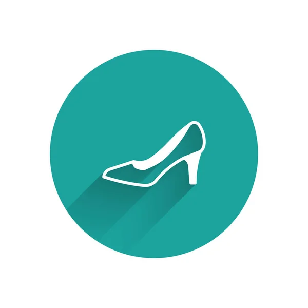 White Woman shoe with high heel icon isolated with long shadow background. Green circle button. Vector — Vector de stock