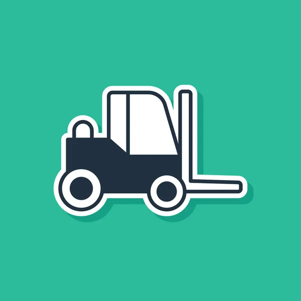 Blue Forklift truck icon isolated on green background. Fork loader and cardboard box. Cargo delivery, shipping, transportation. Vector — Stok Vektör