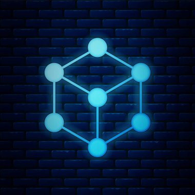 Parlayan neon molekül simgesi tuğla duvar arka planında izole edilmiş. Kimya moleküllerinin yapısı, fen öğretmenlerinin yenilikçi eğitim posteri. Vektör