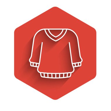 Beyaz çizgi süveter ikonu uzun gölge arkaplan izole. Kazak ikonu. Kazak tabelası. Kırmızı altıgen düğmesi. Vektör