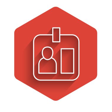 White line Press journalist vertical badge icon isolated with long shadow background. Media identification id card. Red hexagon button. Vector