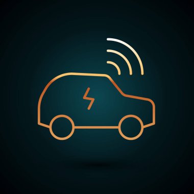 Gold line Smart car system with wireless connection icon isolated on dark blue background. Remote car control. Vector
