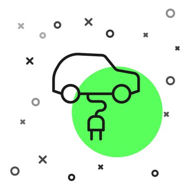 Siyah çizgi elektrikli araba ve elektrik kablosu şarj ikonu beyaz arka planda izole edildi. Yenilenebilir ekolojik teknolojiler. Vektör