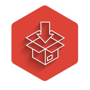 Beyaz çizgi karton kutu simgesi uzun gölge arkaplan izole. Kutu, paket, paket işareti. Teslimat ve ambalaj. Kırmızı altıgen düğmesi. Vektör