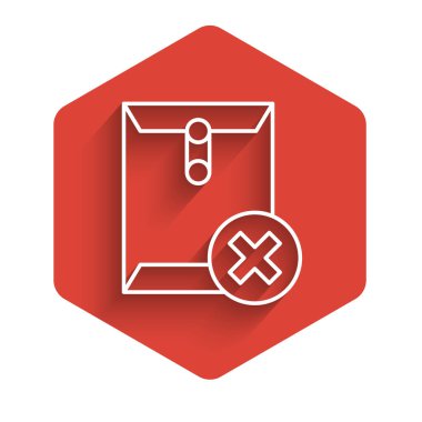 White line Delete envelope icon isolated with long shadow background. Delete or error letter. Cross on message. Rejected mail. Red hexagon button. Vector