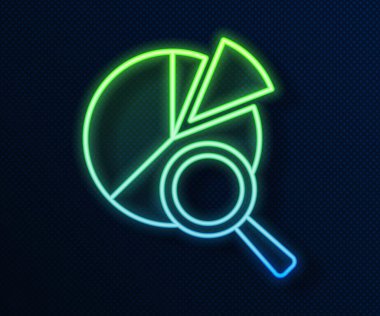 Parlayan neon hattı büyüteç ve veri analiz ikonu mavi arkaplanda izole edildi. Arama işareti. Vektör