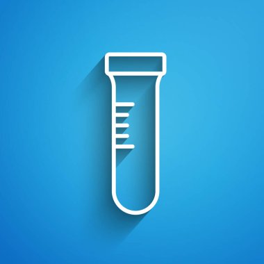 Mavi arka planda beyaz çizgi test tüpü ve kimyasal test ikonu izole edildi. Laboratuvar cam levhası. Uzun gölge. Vektör
