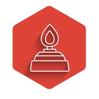 White line Alcohol or spirit burner icon isolated with long shadow background. Chemical equipment. Red hexagon button. Vector