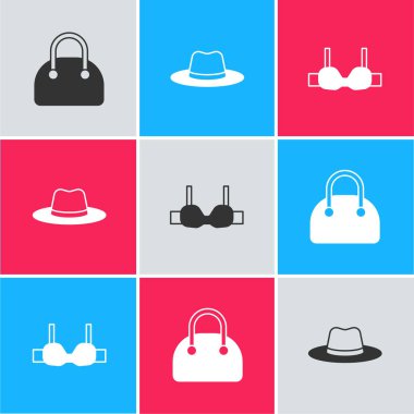 Set Handbag, Man hat and Bra icon. Vector