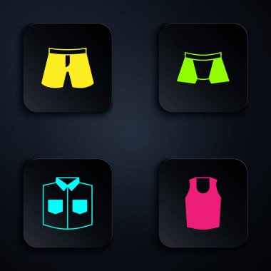 Set Undershirt, Short or pants, Shirt and Men underpants. Black square button. Vector