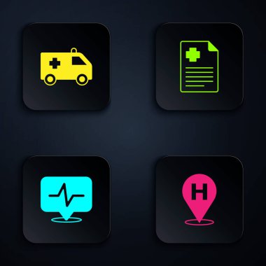 Set Location hospital, Ambulance car, Heart rate and Patient record. Black square button. Vector