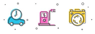 Set Electric car, charging station and Battery with recycle symbol icon. Vector