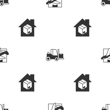 Set Plane and cardboard box, Forklift truck and Home delivery services on seamless pattern. Vector