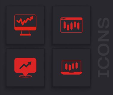 Set Stocks market growth graphs, Monitor with chart, Browser stocks and Financial icon. Vector
