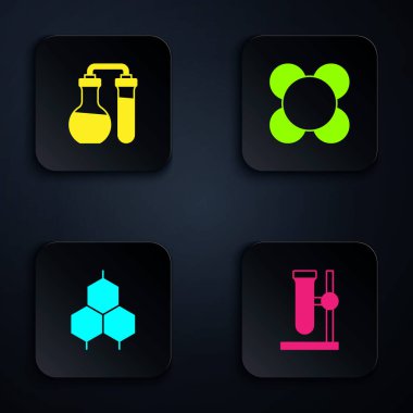 Set Test tube flask on stand, Chemical formula and Molecule. Black square button. Vector