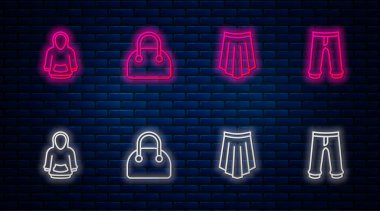 Set line Handbag, Skirt, Hoodie and Pants. Glowing neon icon on brick wall. Vector